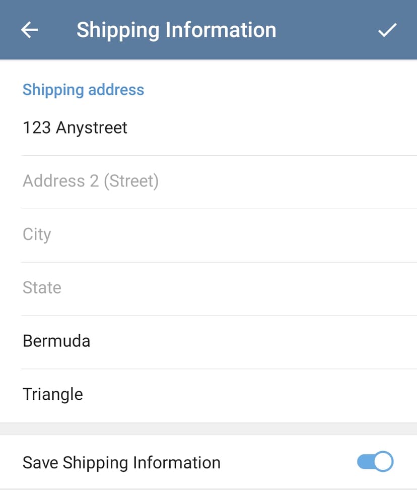 Форма введення адреси доставки в Telegram